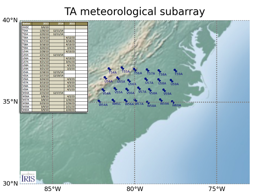 Map of 25 neighboring USArray TA stations
